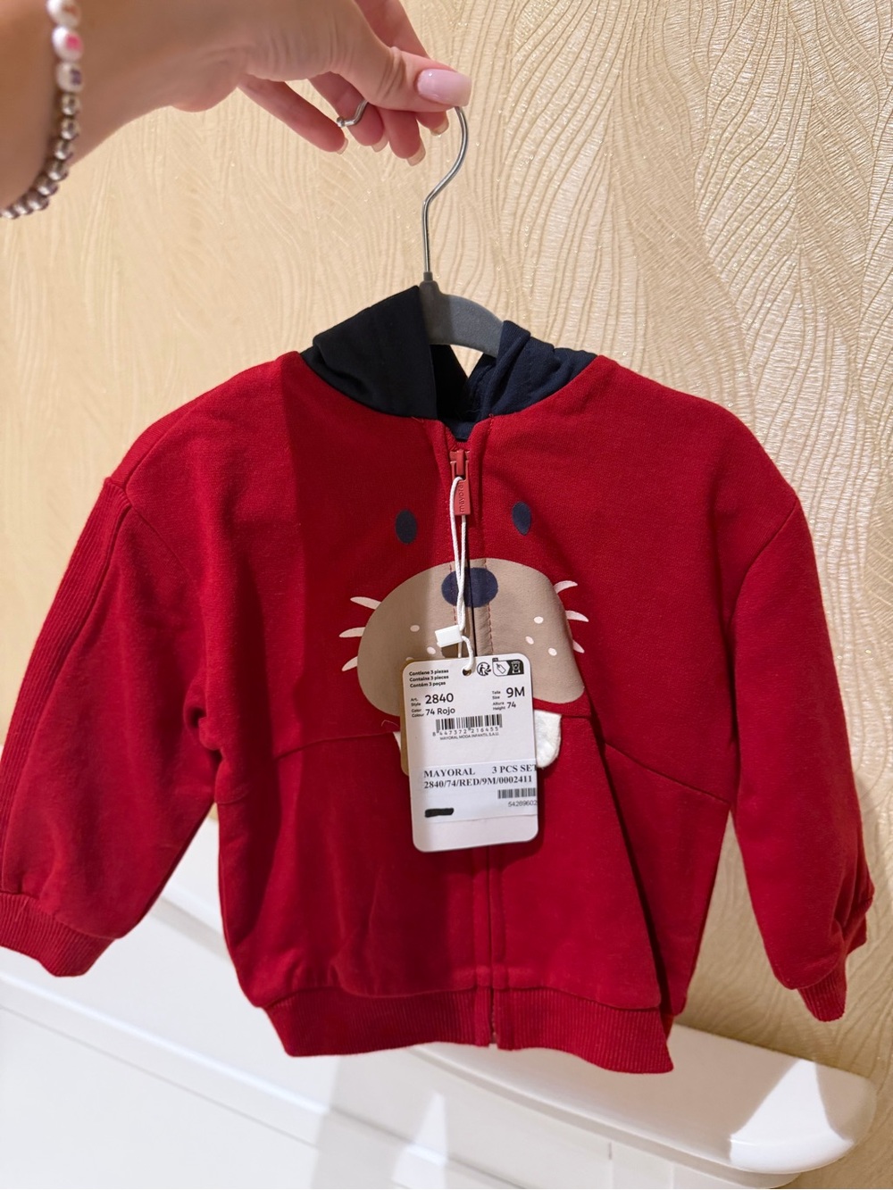 Mayoral Red Hoodie with Animal Face and Navy Hood